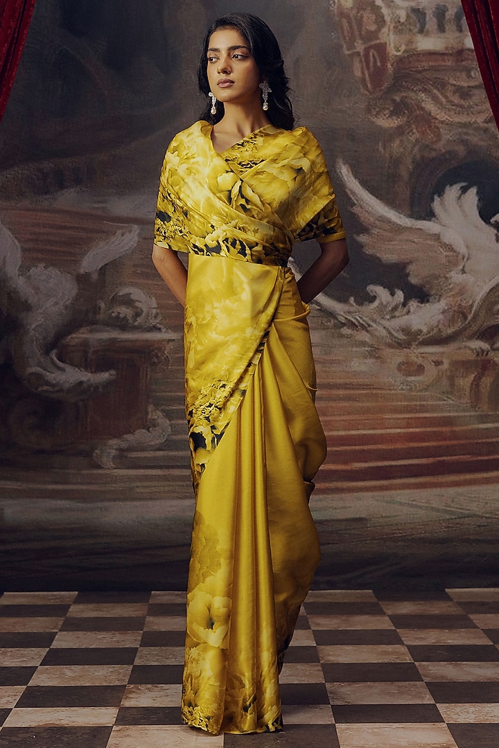 Yellow Pure Satin Silk Printed Party Wear Saree by Studio 113 at Pernia's Pop Up Shop