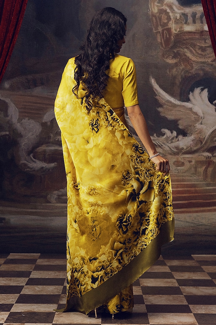 Yellow Pure Satin Silk Printed Party Wear Saree by Studio 113 at Pernia's Pop Up Shop