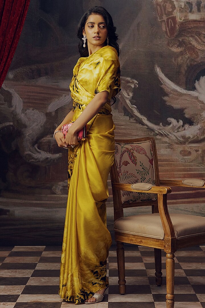 Yellow Pure Satin Silk Printed Party Wear Saree by Studio 113 at Pernia's Pop Up Shop