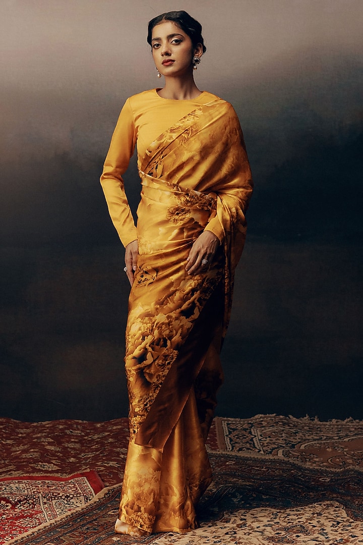 Tangerine Pure Satin Silk Floral Digital Printed Party Wear Saree by Studio 113 at Pernia's Pop Up Shop