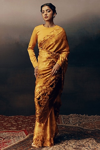 Tangerine Pure Satin Silk Floral Digital Printed Saree by Studio 113