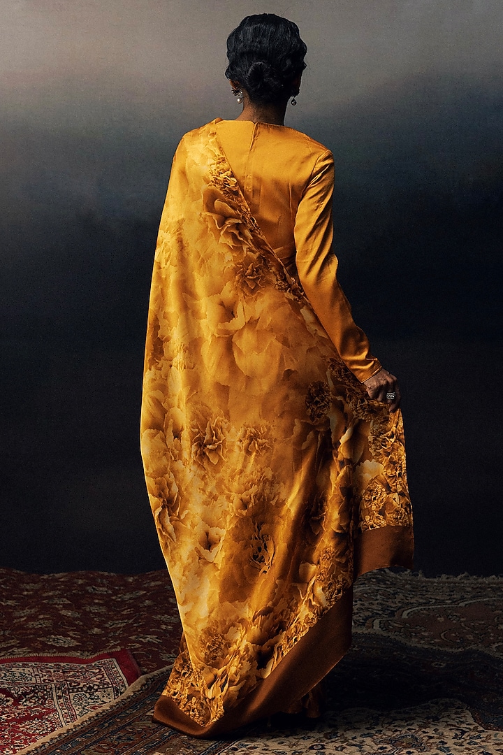 Tangerine Pure Satin Silk Floral Digital Printed Party Wear Saree by Studio 113 at Pernia's Pop Up Shop