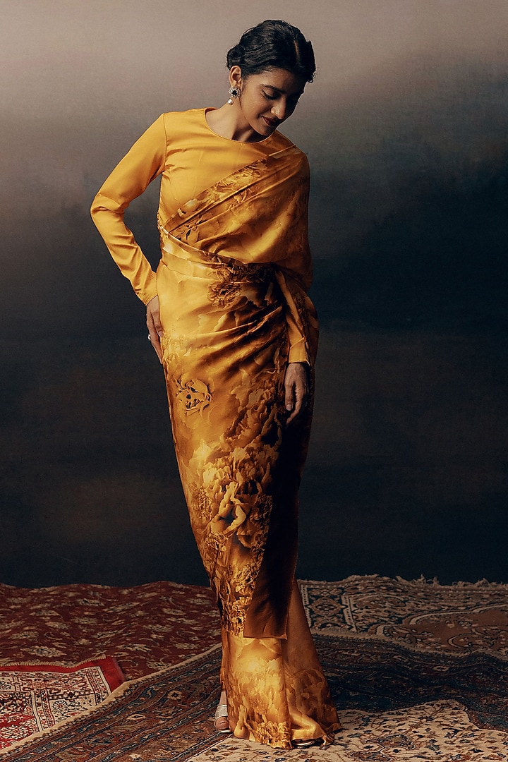 Tangerine Pure Satin Silk Floral Digital Printed Party Wear Saree by Studio 113 at Pernia's Pop Up Shop
