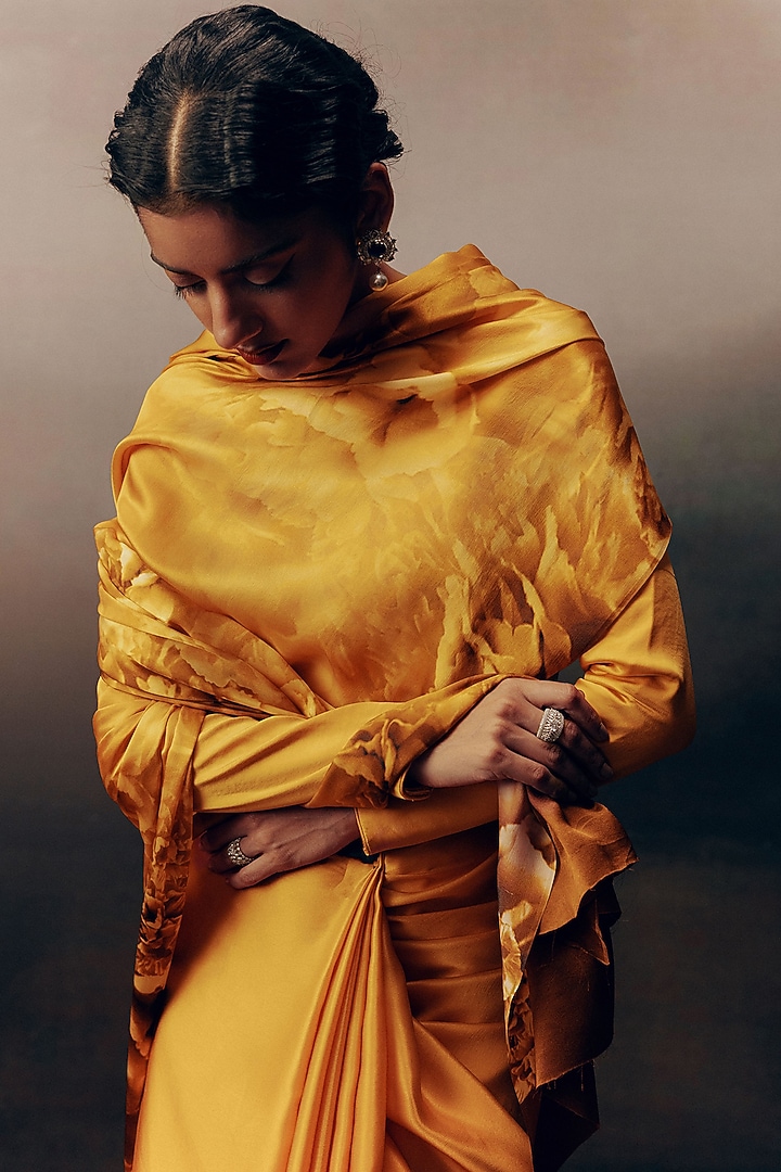 Tangerine Pure Satin Silk Floral Digital Printed Party Wear Saree by Studio 113 at Pernia's Pop Up Shop