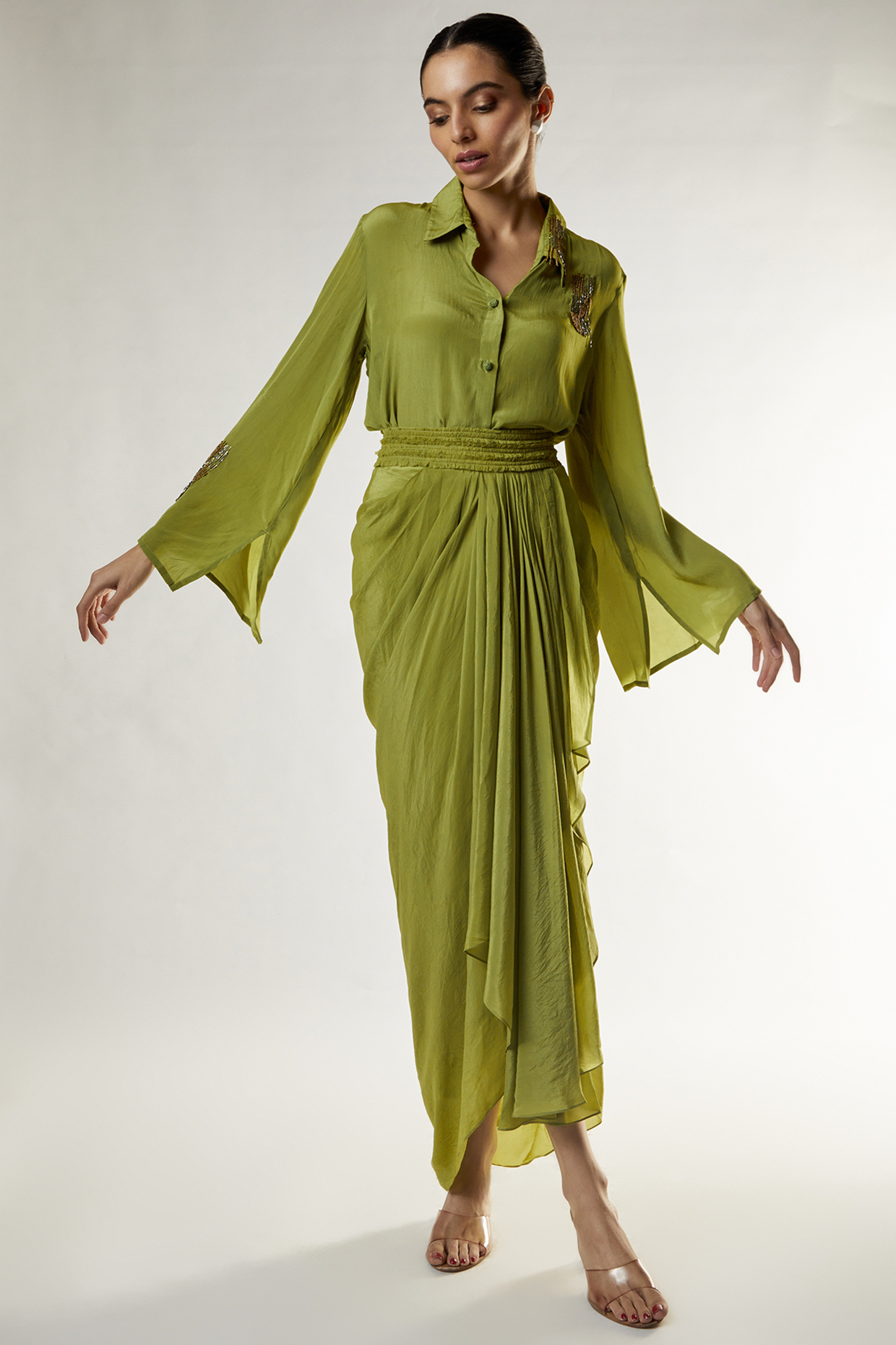 Green Crepe Embroidered Shirt by Style Junkiie