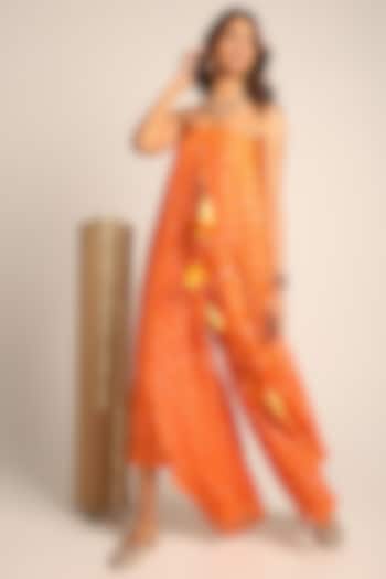 Orange Self Embroidered Georgette Jumpsuit by Style Junkiie