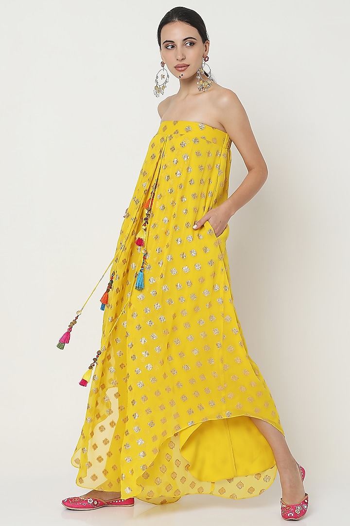 Yellow Self Embroidered Georgette Printed Jumpsuit by Style Junkiie
