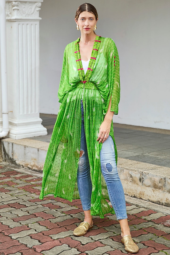 Lime Green Chiffon Printed Kimono Duster by Style Junkiie