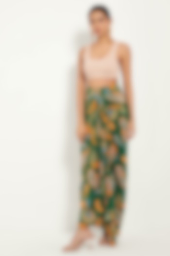 Green Crepe Printed Draped Skirt by Style Junkiie