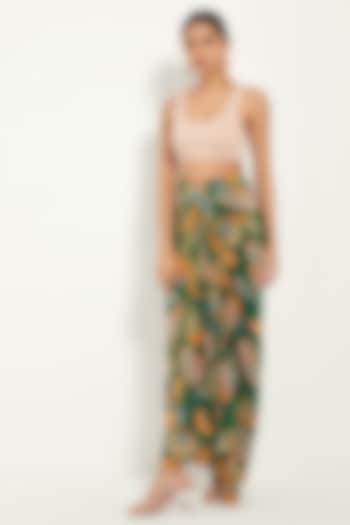 Green Crepe Printed Draped Skirt by Style Junkiie