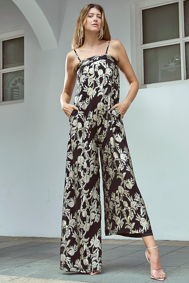 Black Self Embroidered Georgette Jumpsuit by Style Junkiie