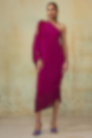 Magenta Satin Draped Midi Dress by Style Junkiie