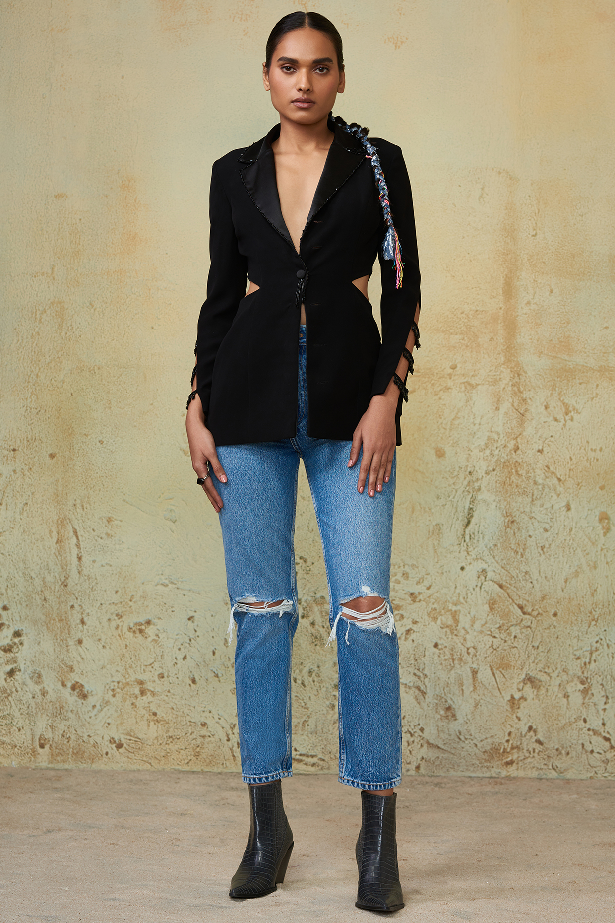 Black Georgette Cut-Out Blazer by Style Junkiie