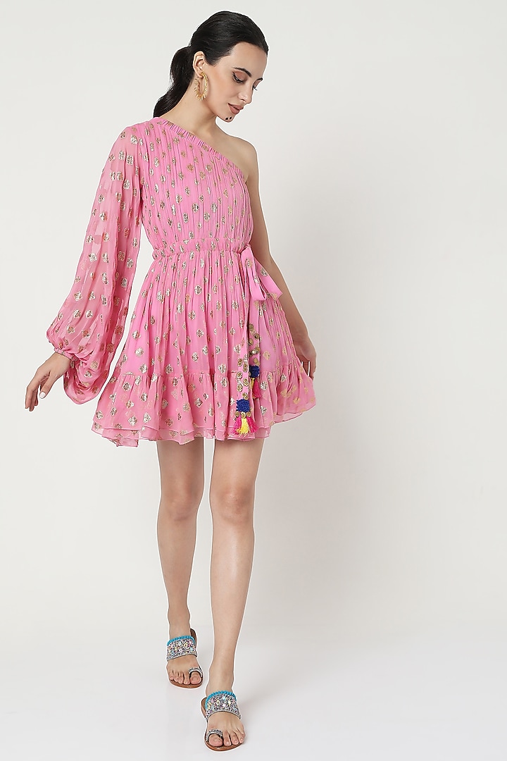 Pink Chiffon Printed One Shoulder Dress by Style Junkiie