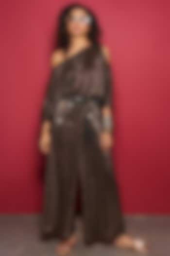 Copper Metallic Crush Off-Shoulder Jumpsuit by Style Junkiie at Pernia's Pop Up Shop