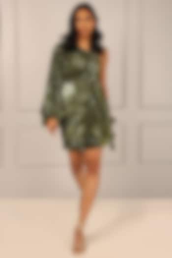 Olive Velvet Sequins One Shoulder Dress by Style Junkiie