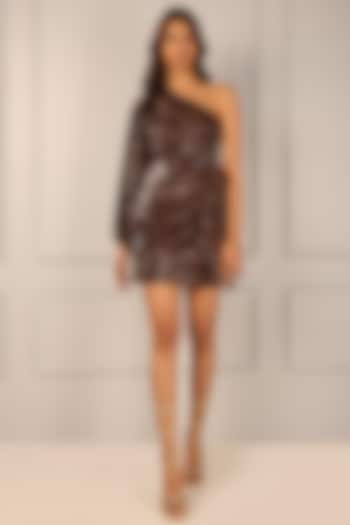 Brown Velvet Sequins One Shoulder Dress by Style Junkiie