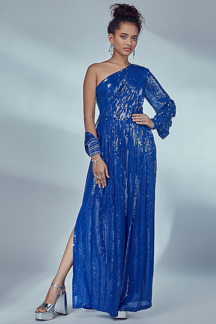 Cobalt Blue Sequins Georgette Embroidered Jumpsuit by Style Junkiie