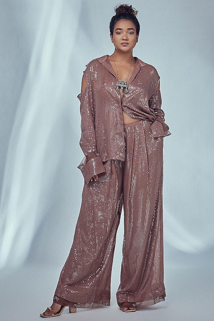 Nude Sequins Georgette Cold-Shoulder Shirt by Style Junkiie