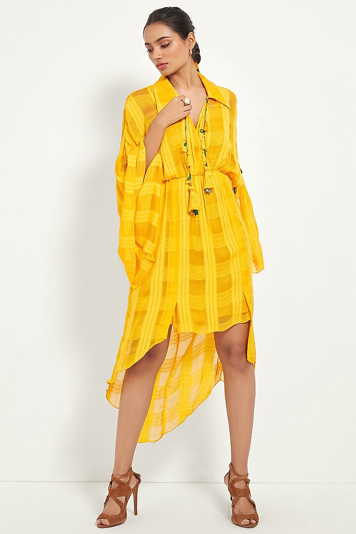 Mango Yellow Checkered Fabric Asymmetric Wrap Dress by Style Junkiie