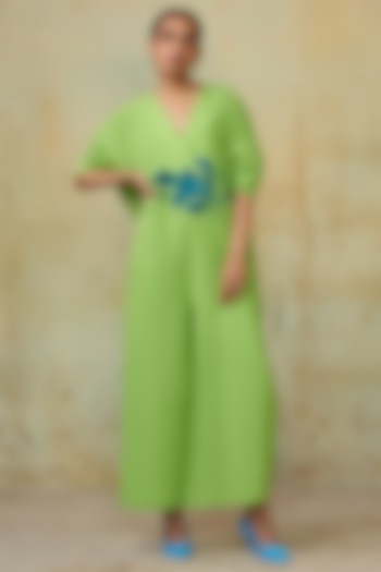 Lime Green Crepe Embroidered Kaftan Jumpsuit by Style Junkiie