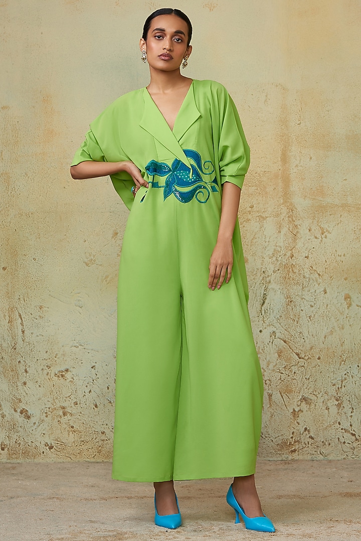 Lime Green Crepe Embroidered Kaftan Jumpsuit by Style Junkiie
