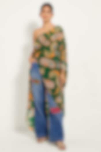 Green Crepe Printed One-Shoulder Tunic by Style Junkiie