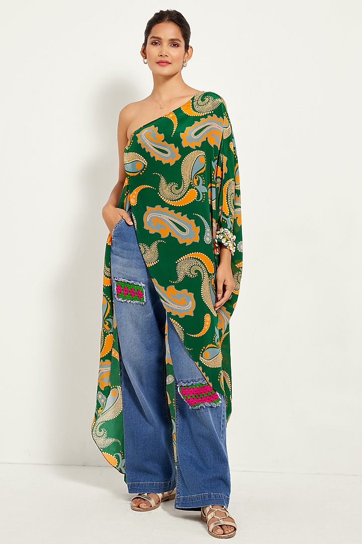 Green Crepe Printed One-Shoulder Tunic by Style Junkiie