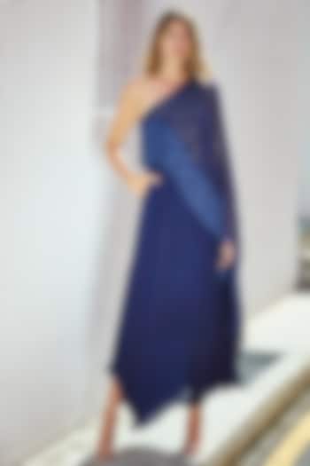 Navy Blue Crepe & Georgette Cape Summer Dress by Style Junkiie at Pernia's Pop Up Shop