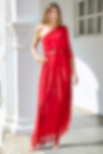 Red Natural Crepe One-Shoulder Kaftan with Belt by Style Junkiie