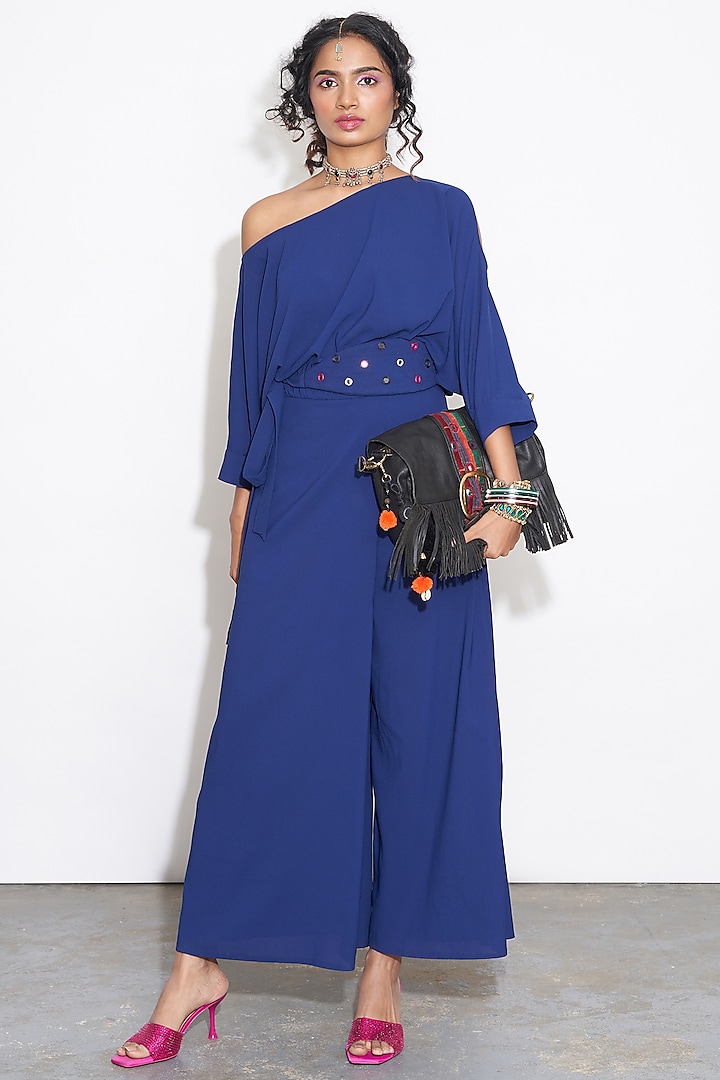 Navy Blue Moss Crepe Jumpsuit by Style Junkiie