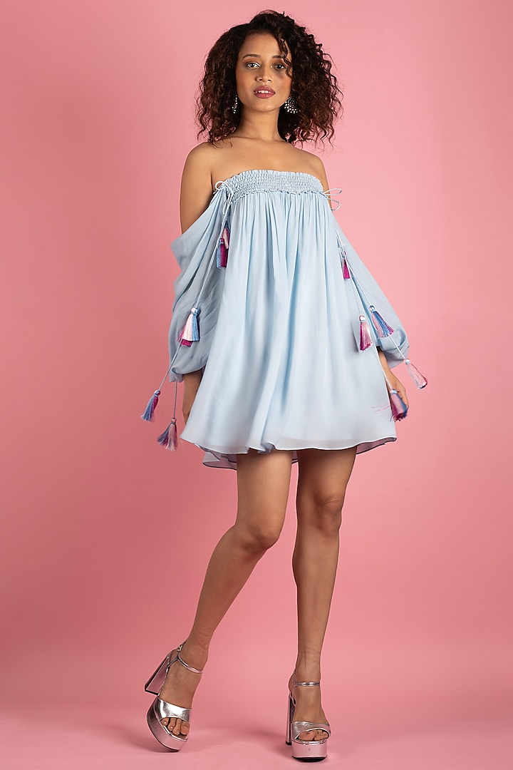 Ice Blue Crepe Off-Shoulder Dress by Style Junkiie
