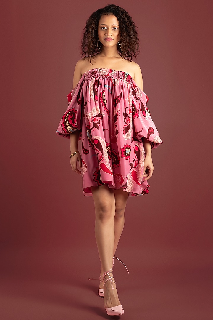 Pink Crepe Paisley Printed Off-Shoulder Dress by Style Junkiie