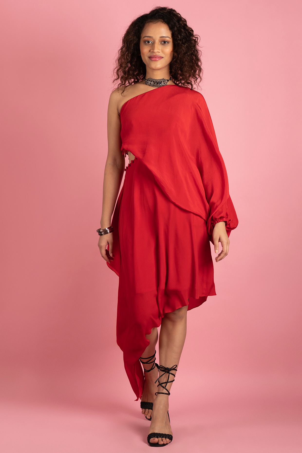 Red One Shoulder Chiffon Dress