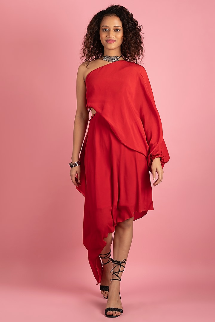 Red Heavy Crepe Asymmetric Dress by Style Junkiie