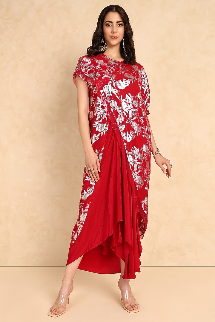 Cherry Red Georgette Self Embroidered High-Low Wrap Tunic by Style