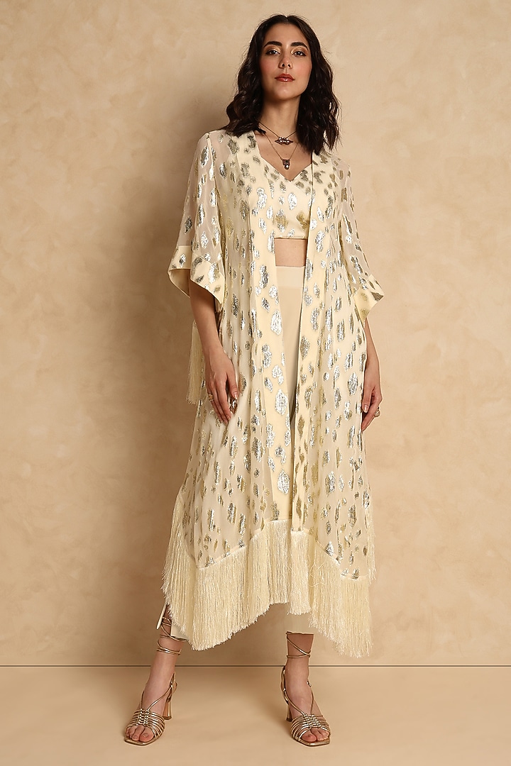 Cream Georgette Self-Embroidered High-Low Duster Cape by Style Junkiie at Pernia's Pop Up Shop