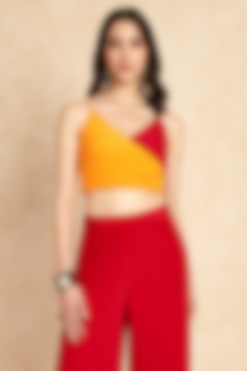 Mango Yellow & Berry Red Crepe Two-Tone Crop Top by Style Junkiie