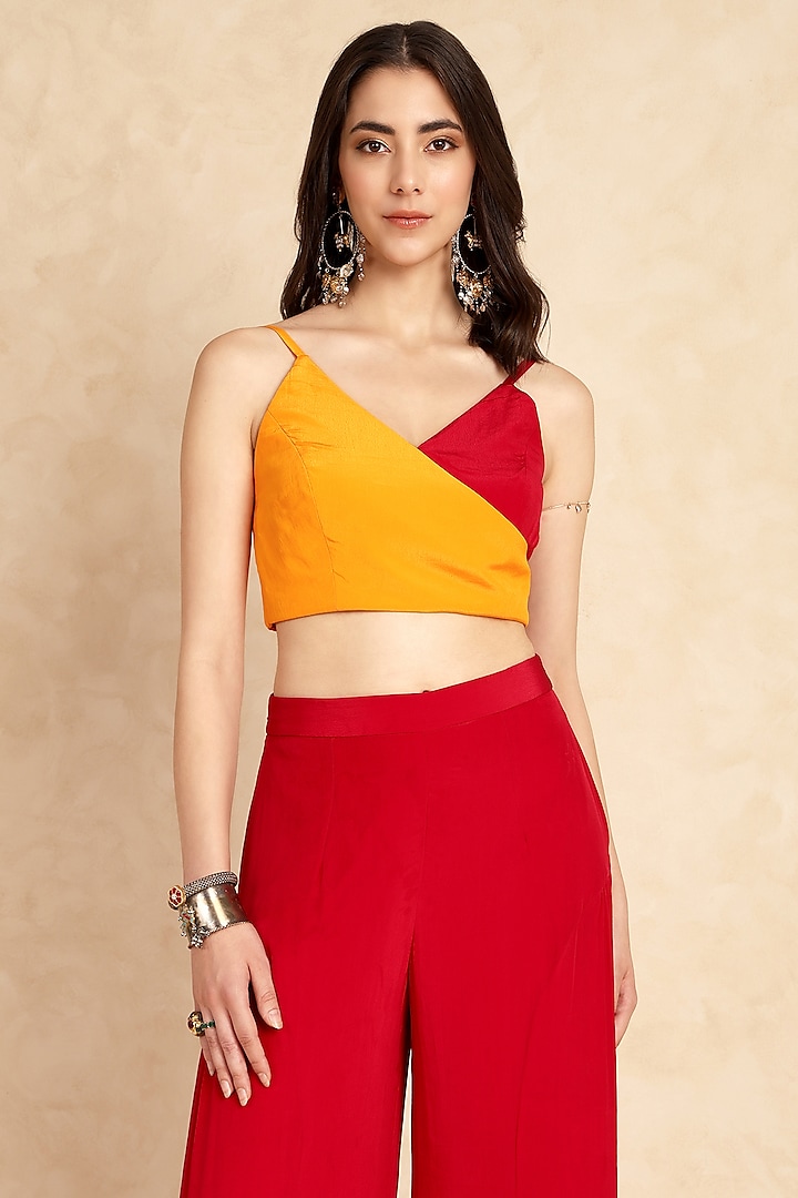 Mango Yellow & Berry Red Crepe Two-Tone Crop Top by Style Junkiie