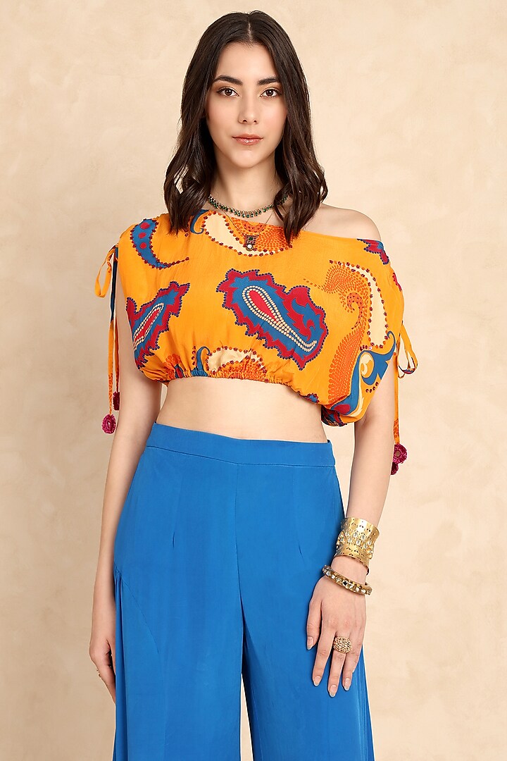 Mango Yellow Crepe Paisley Printed Crop Top by Style Junkiie