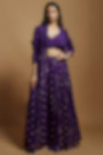 Purple Georgette Embroidered Flared Pant by Style Junkiie