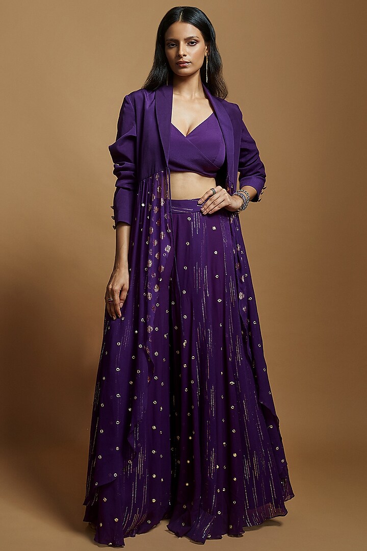 Purple Georgette Embroidered Flared Pant by Style Junkiie