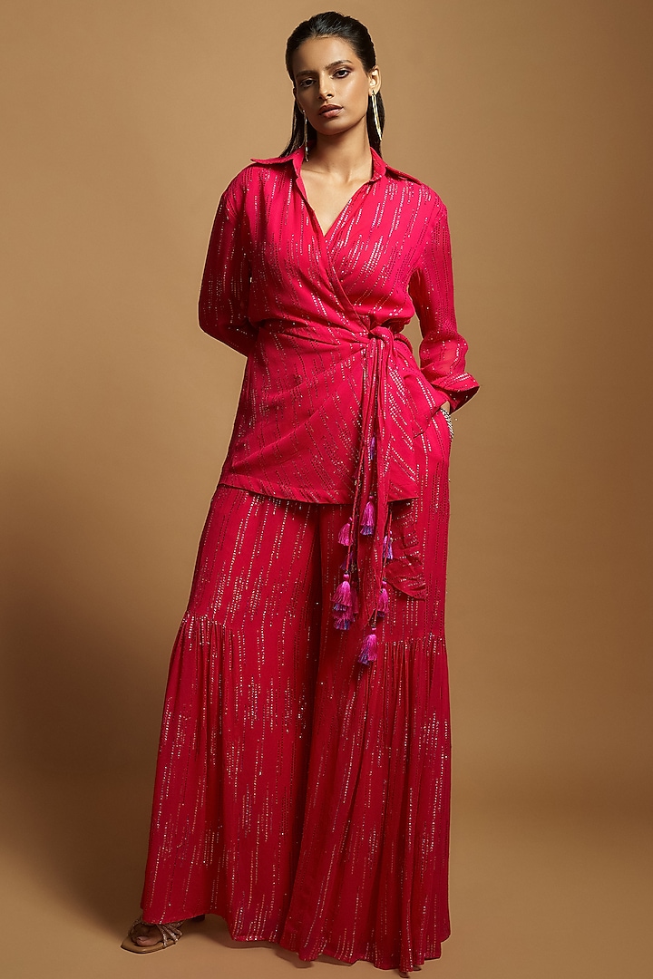 Hot Pink Georgette Tassel Embellished Wrap Tunic by Style Junkiie at Pernia's Pop Up Shop