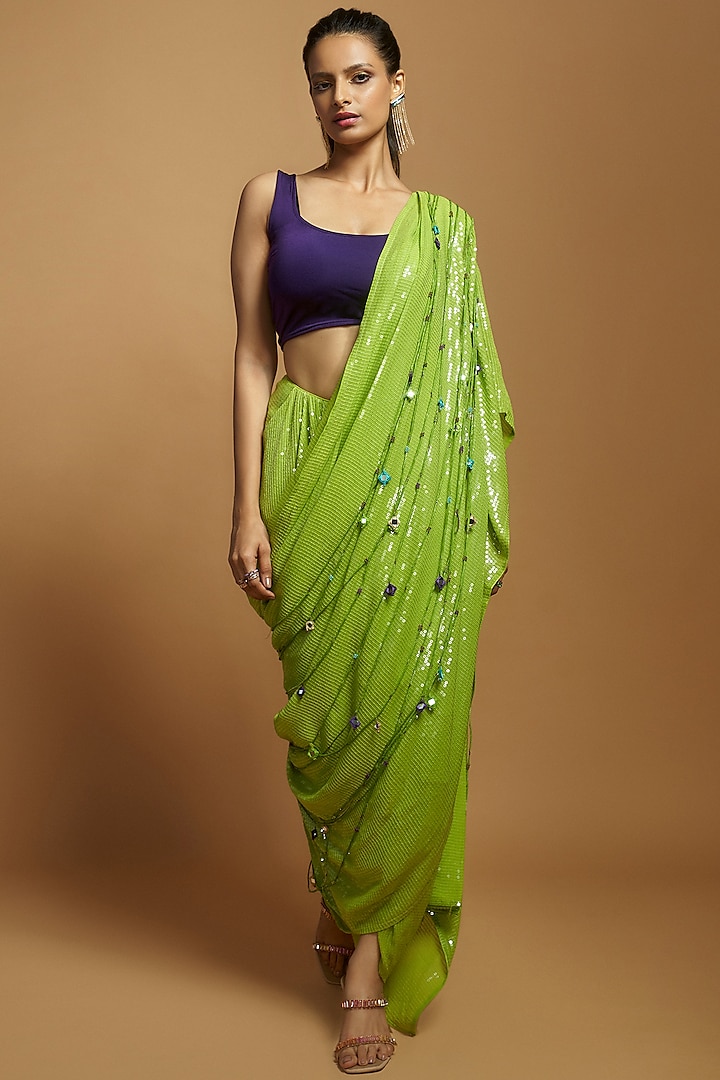Lime Green Sequins Mirror Embellished Skirt Saree Set by Style Junkiie