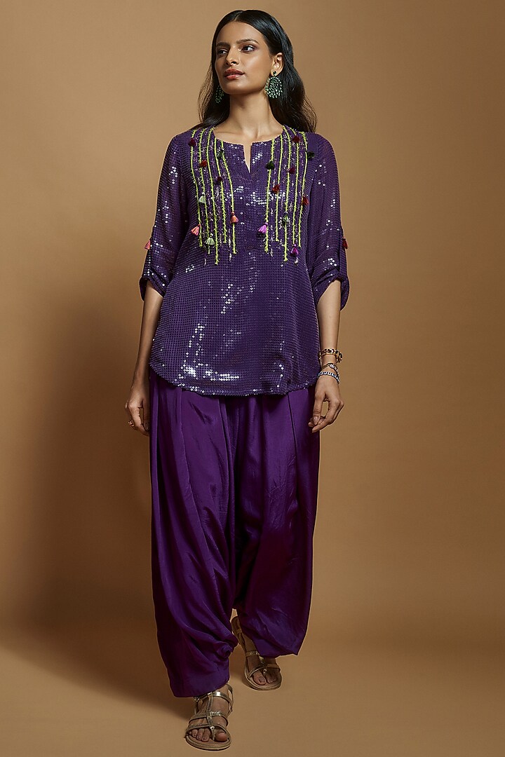 Purple Sequins Tassel Embellished Tunic Set by Style Junkiie