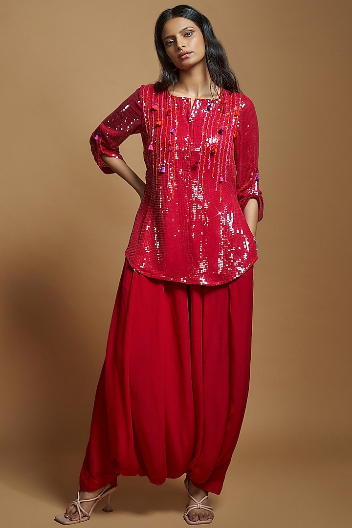 Berry Red Sequins Tassel Embellished Tunic Set by Style Junkiie