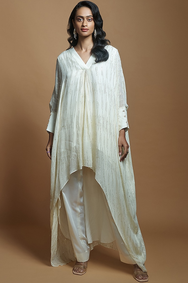 Ivory Georgette Embroidered High-Low Tunic by Style Junkiie at Pernia's Pop Up Shop