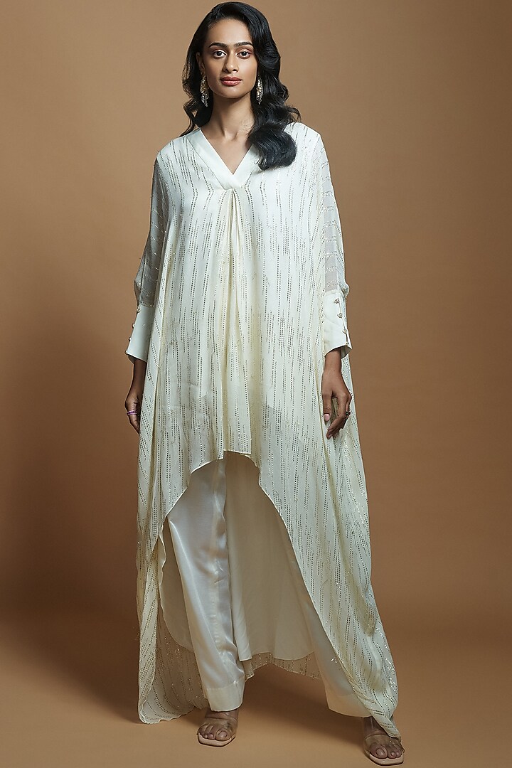 Ivory Georgette Embroidered High-Low Tunic Set by Style Junkiie