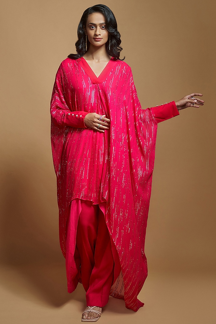 Hot Pink Georgette Embroidered High-Low Tunic Set by Style Junkiie