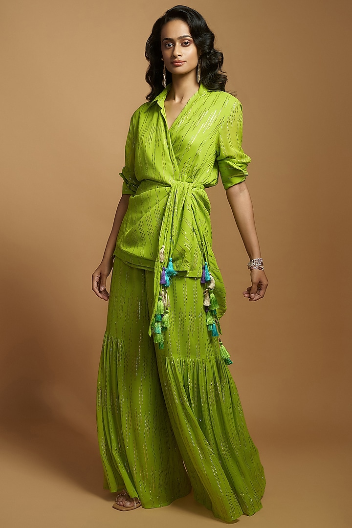 Lime Green Georgette Tassel Embellished Wrap Tunic by Style Junkiie at Pernia's Pop Up Shop